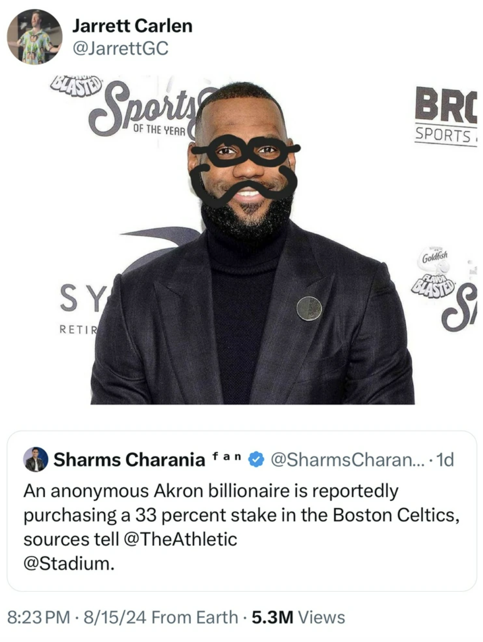 photo caption - Jarrett Carlen Sports Sy Retir Bro Sports Of The Year Sharms Charania fan .... 1d An anonymous Akron billionaire is reportedly purchasing a 33 percent stake in the Boston Celtics, sources tell . 81524 From Earth 5.3M Views